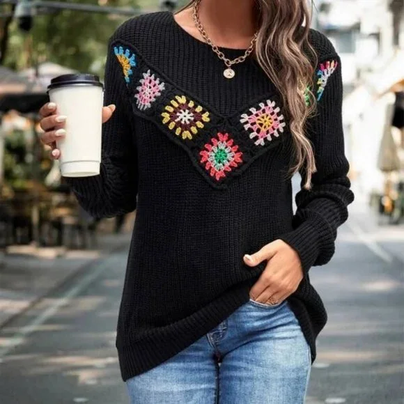 Crochet Floral Detailed round neckline black Ribbed Knit Sweater Top fall winte - Picture 2 of 6